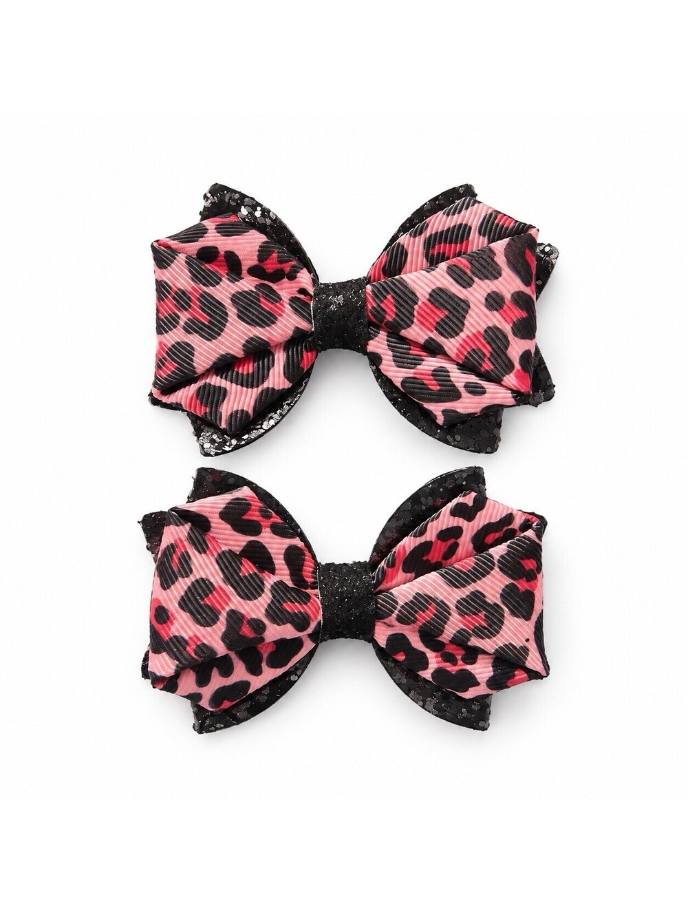 Pink Black Leopard Print Hair Bows Set of 2 Glitter Layered Ribbon Punk